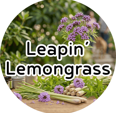 Stalks of lemongrass and purple flowers with white overlay text reading "Leapin' Lemongrass." Fresh and herbal vibe.
