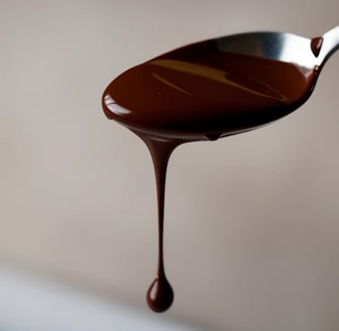 Rich melted dark chocolate dripping off a metal spoon against a smooth neutral studio background. 