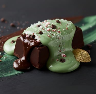 Dark chocolate block covered in gooey green mint icing, mint leaves, chocolate chips, and crushed candy. 