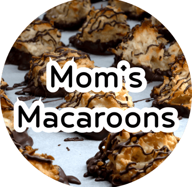 Toasted coconut macaroons drizzled with dark chocolate and overlay text reading "Mom's Macaroons."