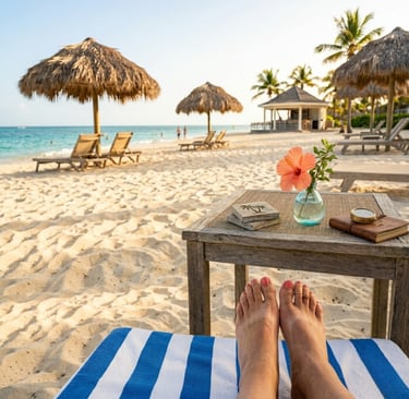 Person lounging on a blue striped towel looking at feet with beach chairs, thatched umbrellas, and ocean background.