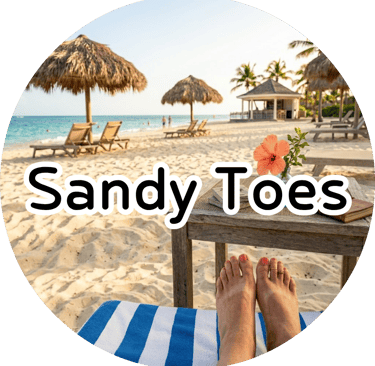 A first-person view of feet on a beach lounge chair looking out at a sandy shore with thatched umbrellas and the ocean.