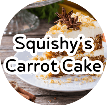 Slice of carrot cake with cream cheese frosting, nuts, and star anise with text reading "Squishy's Carrot Cake."