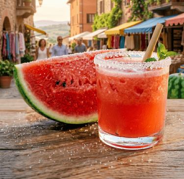 Fresh watermelon smoothie drink in a sugar-rimmed glass with a straw next to a ripe watermelon slice outdoors.