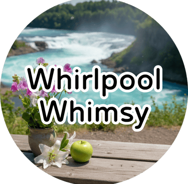 Pink flowers, a white lily, and a green apple on a wooden railing overlooking a rushing turquoise river whirlpool.