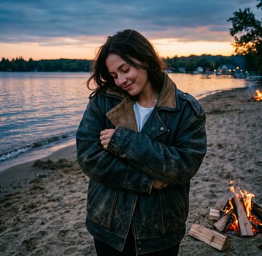 A smiling woman wrapped in an oversized leather jacket on a sandy beach at dusk next to a small campfire.