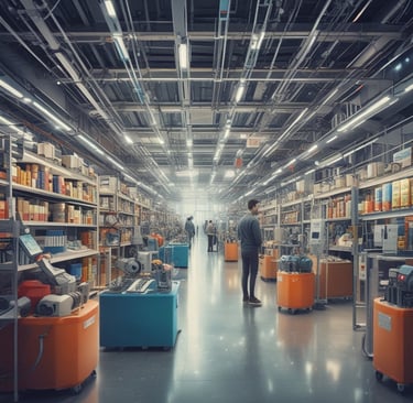 A futuristic workspace with holographic interfaces glowing in blue and gray shades.