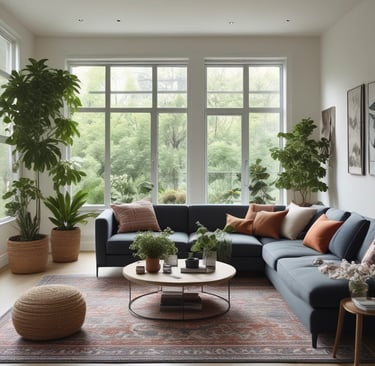 A serene living room with soft natural light highlighting minimalist furniture and warm wooden accents.