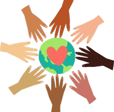 Diverse hands around a globe with a heart in the middle
