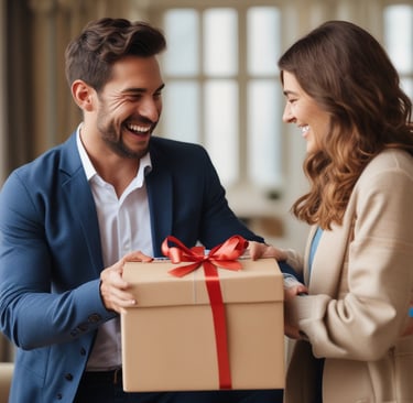 a man and woman holding a gift box