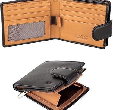 Cartera bifold abierta y cerrada, de cuero auténtico negro, con ranuras para tarjetas y bolsillo con