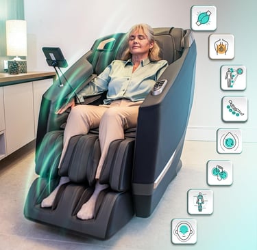 Una mujer mayor se relaja en un sillón de masaje negro de lujo con función de gravedad cero y calefa