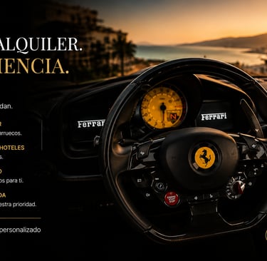 Luxury Ferrari car rental dashboard and steering wheel with coastal sunset view in Spain and Morocco.