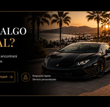 Luxury car rental banner featuring a black Lamborghini and Mercedes G-Wagon at sunset in a tropical resort.