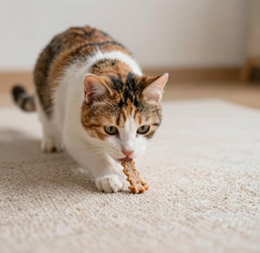 Un gato carey comiendo una golosina crujiente para gatos sobre una alfombra beige.