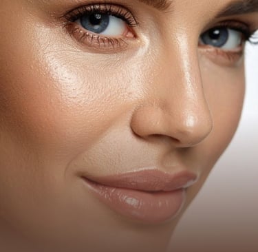Close-up of a woman's face showing glowing skin texture and natural makeup for a skincare routine.