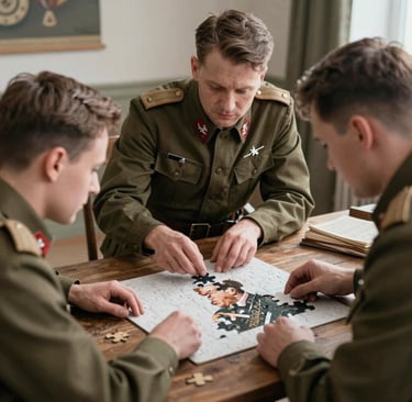 A striking display of military-style jackets with bold medals and insignias.