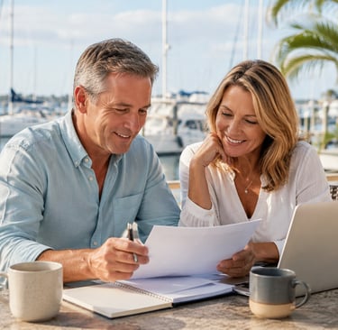 Couple reviewing insurance and financial planning documents.