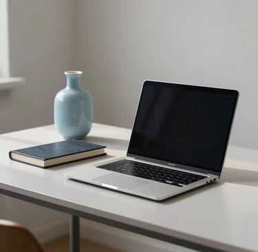 A minimalist workspace scene in an International / Western creative studio. A sleek aluminum laptop sits on a Pale Grey desk next to a Soft Sky Blue ceramic vase and a perfectly bound portfolio book. Soft morning light creates a clean, professional atmosphere.