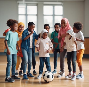 A group of smiling African and Middle Eastern children in hijabs and casual clothes playing football together on a sunny day in Nashville.