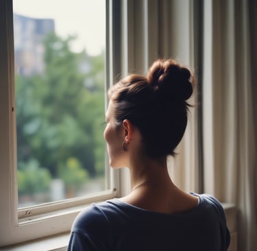 Woman looking outside of a window, thinking about starting therapy
