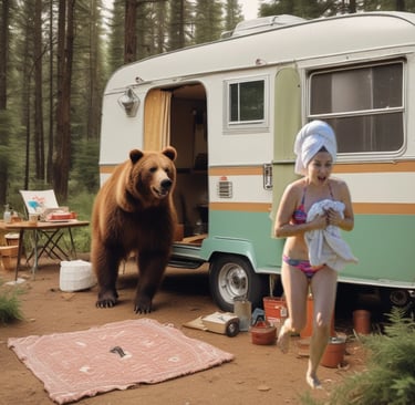 A woman runs from a grizzly bear standing at the door of a vintage camper trailer in a pine forest.