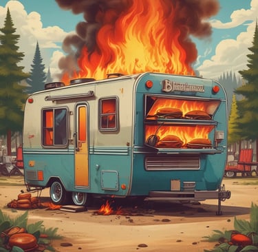 Vintage camper van on fire in a forest campground with flames coming out of the back window.