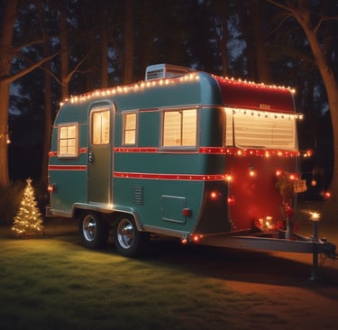 Vintage camper trailer decorated with festive Christmas lights and a small glowing tree in a forest at night.