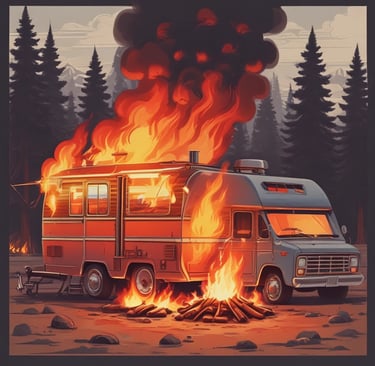 Vintage camper van engulfed in flames during a forest wildfire illustration with thick smoke.