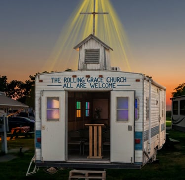 The Rolling Grace Church, a mobile chapel in a converted trailer with a glowing cross at sunset.
