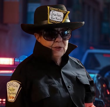 Woman in a trailer park enforcement officer uniform with sunglasses standing near a patrol car.