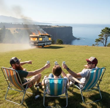 Three men toast with drinks while watching a burning trailer camper on a coastal cliffside.