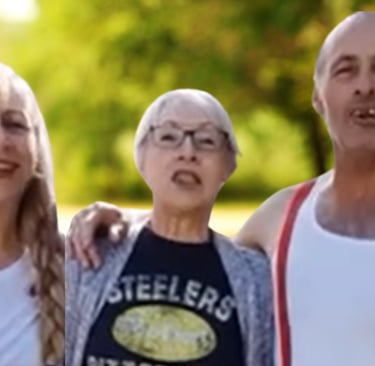 Three smiling outdoors wearing a white t-shirt, Steelers fan gear, and a tank top with red suspenders.