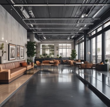 Wide shot of a finished commercial interior blending minimalist style with functional infrastructure.