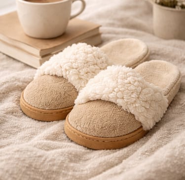Cozy tan sherpa slippers resting on a soft blanket next to a coffee mug and books.