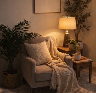 Cozy reading nook with a beige armchair, soft blanket, warm lamp light, and indoor plants.