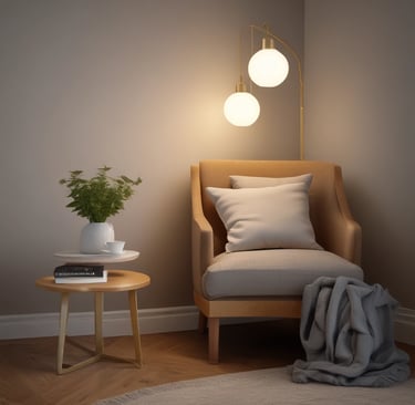 Cozy reading nook featuring a beige armchair, gold floor lamp, and wooden side table.