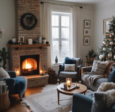 Cozy living room with a brick fireplace, glowing fire, and decorated Christmas tree.
