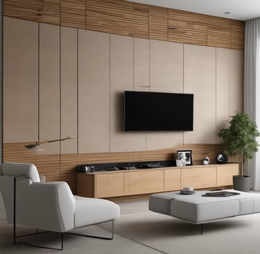Modern living room featuring a wall-mounted TV on a beige stone panel with wood accents and white furniture.