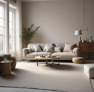 Minimalist Japandi living room featuring a beige sofa, wooden coffee table, and neutral decor.
