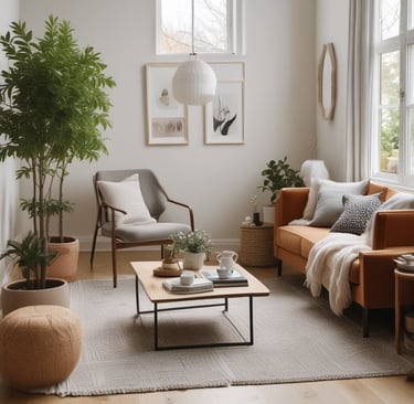 Modern living room with a tan leather sofa, grey armchair, and lush green plants in a bright Scandinavian interior.