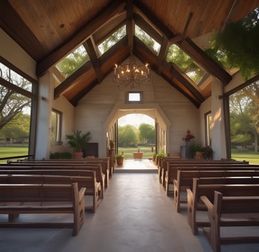 A peaceful green park area with walking paths and benches under tall trees.