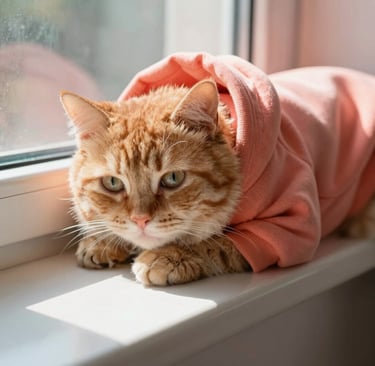 Adorable gato pelirrojo con una acogedora sudadera con capucha rosa mientras se acurre en el alféiza