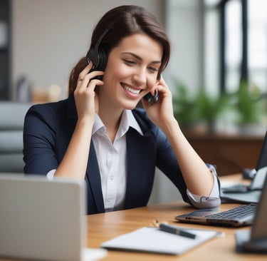 A friendly customer service representative answering a call with a warm smile in an office setting.