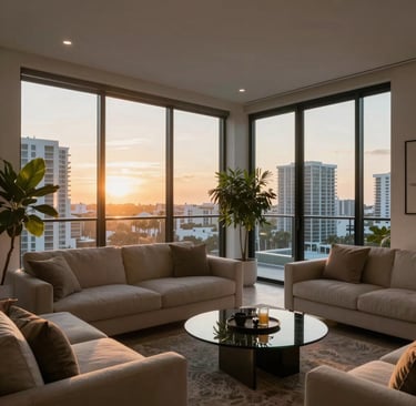 Sleek black luxury sedan parked in front of a modern Miami high-rise at sunset
