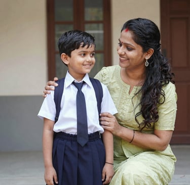 A mother and child selecting the perfect size from the Wonder Wings MySchool Kit online store on a tablet.