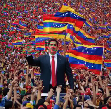 A person walking down a street holding a flag