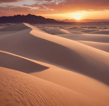 A colorful beach umbrella and chairs set up beside a calm inlet at sunrise.