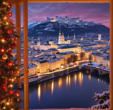 Christmas market with people and festive lights.