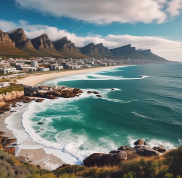 Table mountain framed by a yellow structure in cape town.